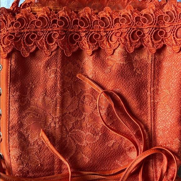 Frederick's of Hollywood orange lace-up corset with scalloped lace trim - Picture 13 of 13